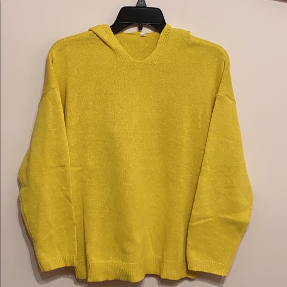 V-Neckline Solid Sweater Shift Sweaters with Hoodie, Color Yellow, Size M - Picture 1 of 8